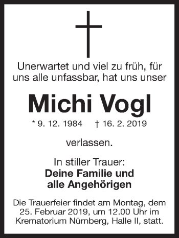 Traueranzeige von Michi Vogl von Gesamtausgabe Nürnberger Nachrichten/ Nürnberger Ztg.