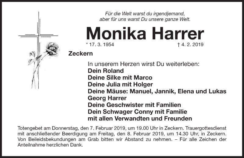  Traueranzeige für Monika Harrer vom 06.02.2019 aus Nordbayer. Nachrichten Herzogenaurach/ Nordbayer. Nachrichten Forchheim