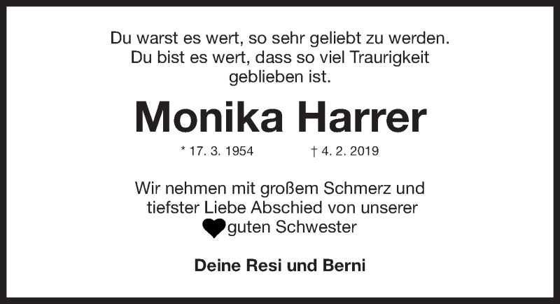  Traueranzeige für Monika Harrer vom 06.02.2019 aus Nordbayerische Nachrichten Herzogenaurach Lokal