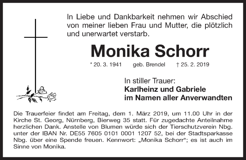  Traueranzeige für Monika Schorr vom 27.02.2019 aus Gesamtausgabe Nürnberger Nachrichten/ Nürnberger Ztg.