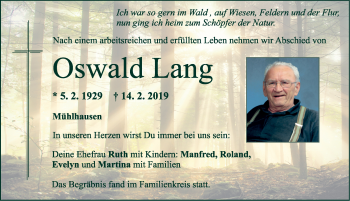 Traueranzeige von Oswald Lang von Neumarkter Nachrichten Lokal