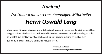 Traueranzeige von Oswald Lang von Neumarkter Nachrichten Lokal