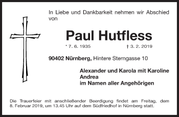 Traueranzeige von Paul Hutfless von Gesamtausgabe Nürnberger Nachrichten/ Nürnberger Ztg.