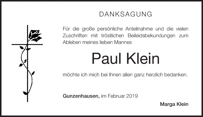  Traueranzeige für Paul Klein vom 18.02.2019 aus Altmühl-Bote Lokal