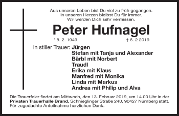 Traueranzeige von Peter Hufnagel von Gesamtausgabe Nürnberger Nachrichten/ Nürnberger Ztg.