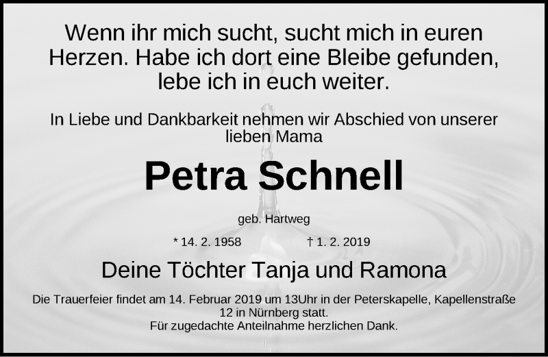  Traueranzeige für Petra Schnell vom 12.02.2019 aus Gesamtausgabe Nürnberger Nachrichten/ Nürnberger Ztg.