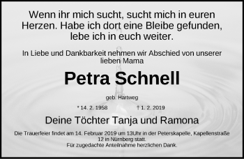 Traueranzeige von Petra Schnell von Gesamtausgabe Nürnberger Nachrichten/ Nürnberger Ztg.