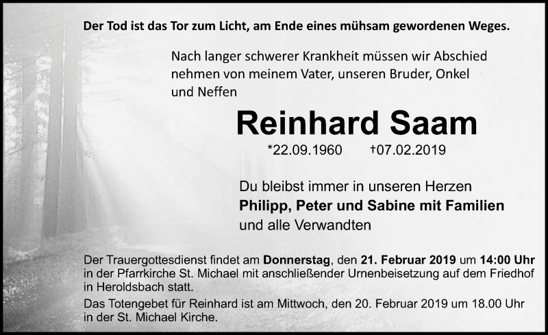  Traueranzeige für Reinhard Saam vom 16.02.2019 aus Nordbayerische Nachrichten Forchheim Lokal