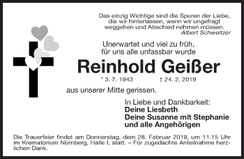 Traueranzeige von Reinhold Geißer von Gesamtausgabe Nürnberger Nachrichten/ Nürnberger Ztg.