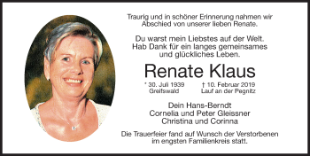 Traueranzeige von Renate Klaus von Gesamtausgabe Nürnberger Nachrichten/ Nürnberger Ztg.