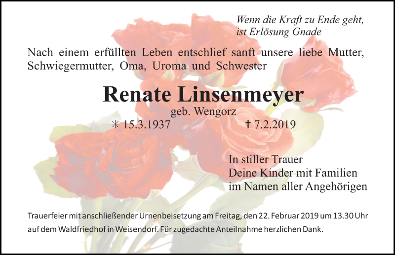  Traueranzeige für Renate Linsenmeyer vom 16.02.2019 aus Nordbayerische Nachrichten Herzogenaurach Lokal