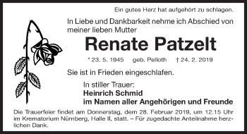 Traueranzeige von Renate Patzelt von Gesamtausgabe Nürnberger Nachrichten/ Nürnberger Ztg.