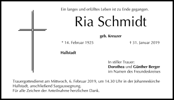 Traueranzeige von Ria Schmidt von Gesamtausgabe Nürnberger Nachrichten/ Nürnberger Ztg.