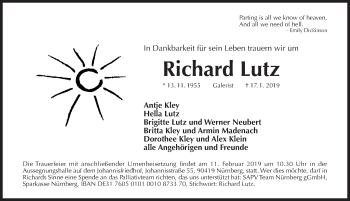Traueranzeige von Richard Lutz von Gesamtausgabe Nürnberger Nachrichten/ Nürnberger Ztg.