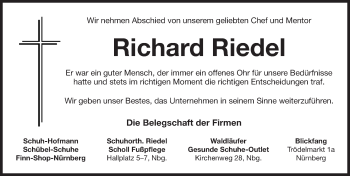 Traueranzeige von Richard Riedel von Gesamtausgabe Nürnberger Nachrichten/ Nürnberger Ztg.