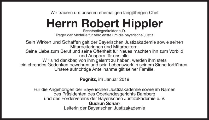  Traueranzeige für Robert Hippler vom 02.02.2019 aus Nordbayerische Nachrichten Pegnitz Lokal