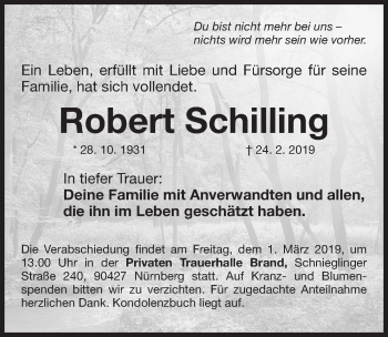 Traueranzeige von Robert Schilling von Gesamtausgabe Nürnberger Nachrichten/ Nürnberger Ztg.