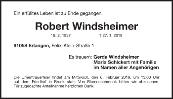 Traueranzeige von Robert Windsheimer von Erlanger Nachrichten Lokal