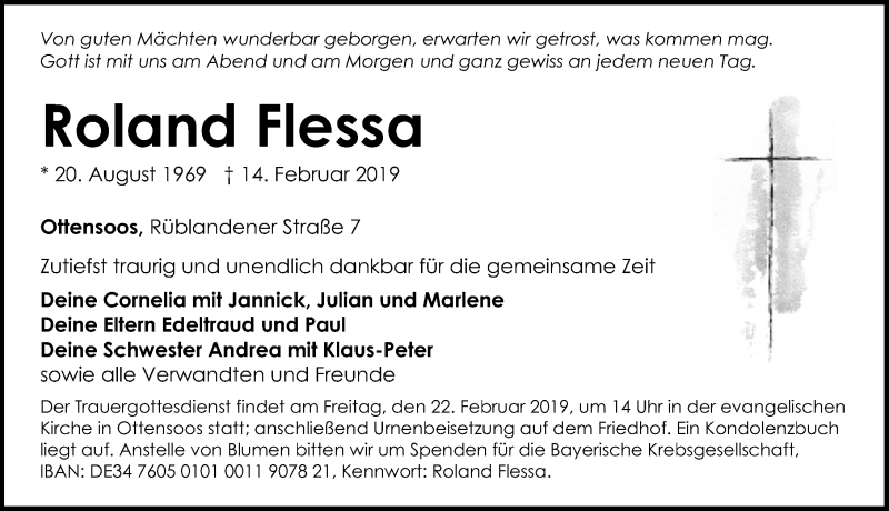  Traueranzeige für Roland Flessa vom 20.02.2019 aus Gesamtausgabe Nürnberger Nachrichten/ Nürnberger Ztg.