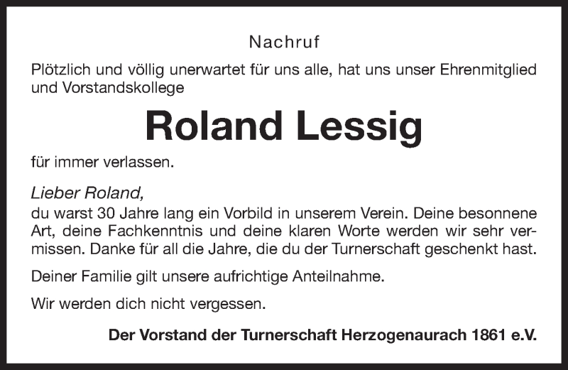  Traueranzeige für Roland Lessig vom 20.02.2019 aus Nordbayerische Nachrichten Herzogenaurach Lokal