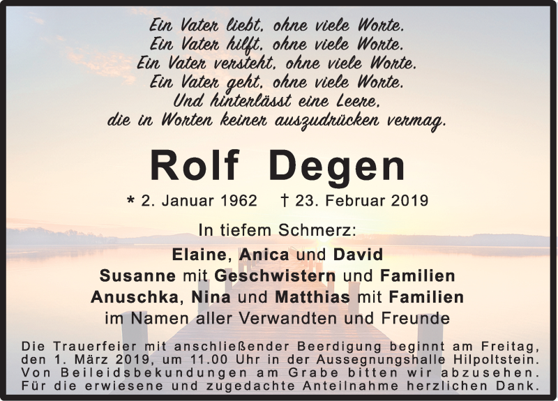  Traueranzeige für Rolf Degen vom 27.02.2019 aus Roth-Hilpoltsteiner Volkszeitung Lokal
