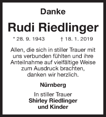 Traueranzeige von Rudi Riedlinger von Gesamtausgabe Nürnberger Nachrichten/ Nürnberger Ztg.