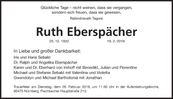 Traueranzeige von Ruth Eberspächer von Gesamtausgabe Nürnberger Nachrichten/ Nürnberger Ztg.