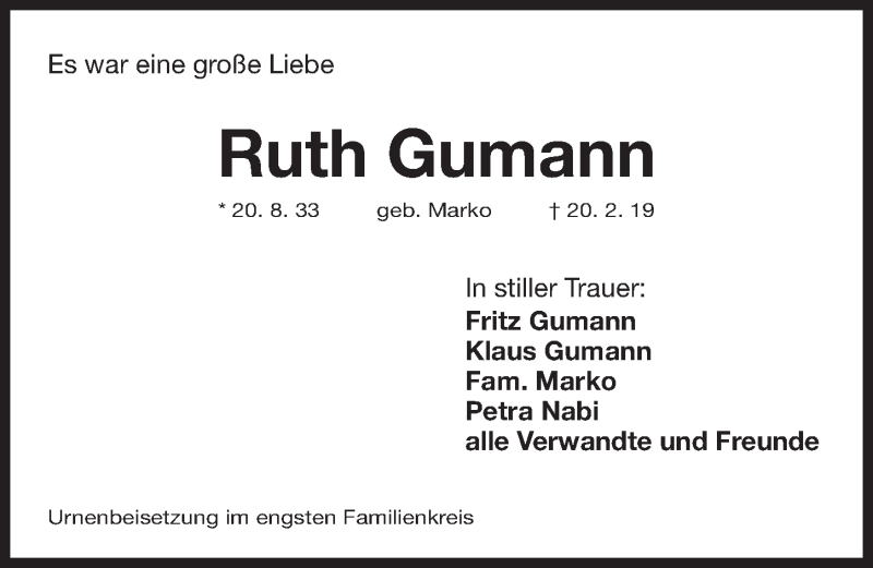  Traueranzeige für Ruth Gumann vom 23.02.2019 aus Gesamtausgabe Nürnberger Nachrichten/ Nürnberger Ztg.