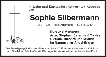 Traueranzeige von Sophie Silbermann von Gesamtausgabe Nürnberger Nachrichten/ Nürnberger Ztg./ Fürther Nachrichten