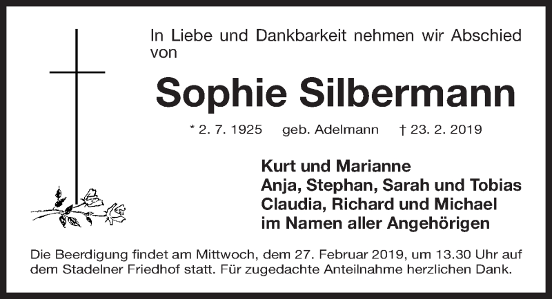  Traueranzeige für Sophie Silbermann vom 25.02.2019 aus Gesamtausgabe Nürnberger Nachrichten/ Nürnberger Ztg./ Fürther Nachrichten