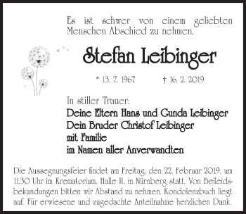 Traueranzeige von Stefan Leibinger von Gesamtausgabe Nürnberger Nachrichten/ Nürnberger Ztg.