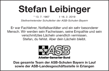 Traueranzeige von Stefan Leibinger von Gesamtausgabe Nürnberger Nachrichten/ Nürnberger Ztg.