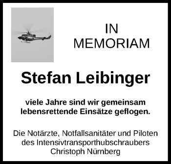 Traueranzeige von Stefan Leibinger von Gesamtausgabe Nürnberger Nachrichten/ Nürnberger Ztg.