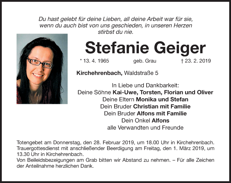 Traueranzeigen von Stefanie Geiger | trauer.nn.de