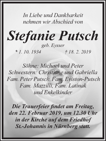 Traueranzeige von Stefanie Putsch von Gesamtausgabe Nürnberger Nachrichten/ Nürnberger Ztg.