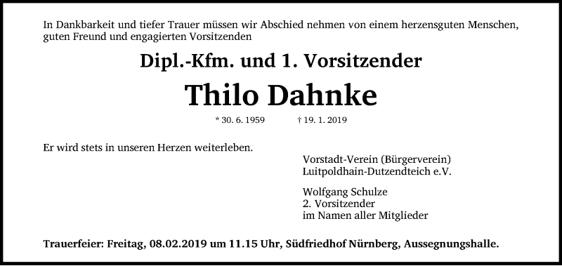  Traueranzeige für Thilo Dahnke vom 02.02.2019 aus Gesamtausgabe Nürnberger Nachrichten/ Nürnberger Ztg.