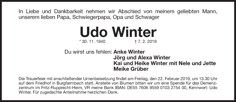  Traueranzeige für Udo Winter vom 19.02.2019 aus Fürther Nachrichten Lokal