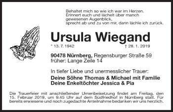 Traueranzeige von Ursula Wiegand von Gesamtausgabe Nürnberger Nachrichten/ Nürnberger Ztg.