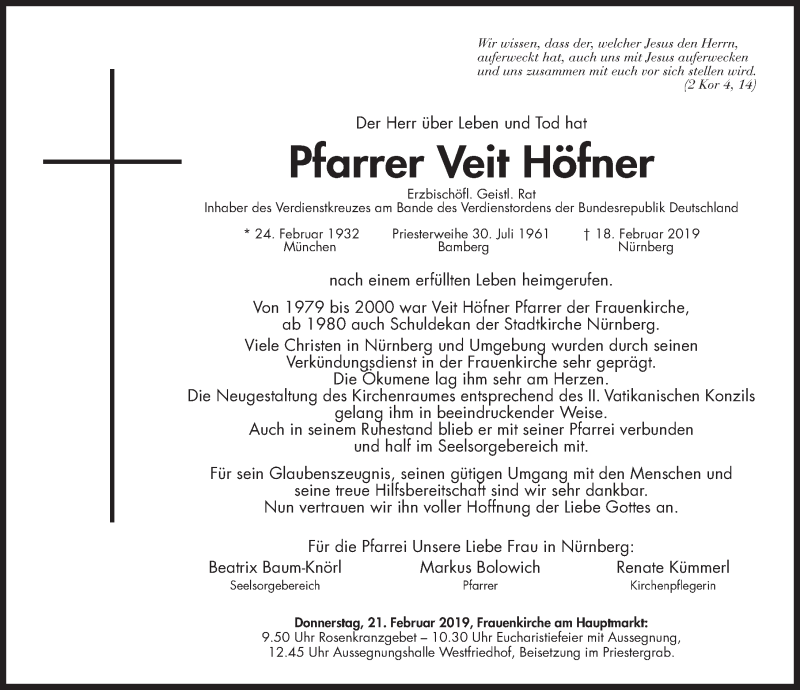  Traueranzeige für Veit Höfner vom 20.02.2019 aus Gesamtausgabe Nürnberger Nachrichten/ Nürnberger Ztg.