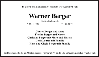 Traueranzeige von Werner Berger von Erlanger Nachrichten Lokal
