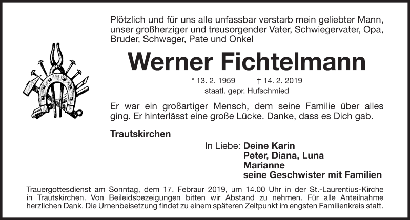  Traueranzeige für Werner Fichtelmann vom 16.02.2019 aus Gesamtausgabe Nürnberger Nachrichten/ Nürnberger Ztg.