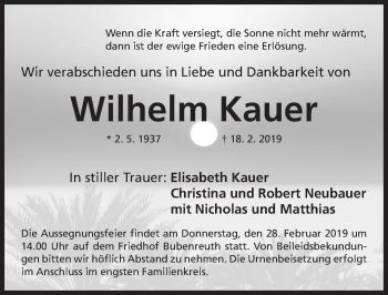 Traueranzeige von Wilhelm Kauer von Erlanger Nachrichten Lokal