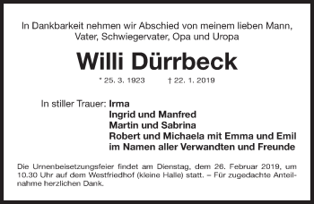 Traueranzeige von Willi Dürrbeck von Gesamtausgabe Nürnberger Nachrichten/ Nürnberger Ztg.
