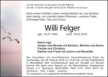 Traueranzeige von Willi Felger von Schwabach
