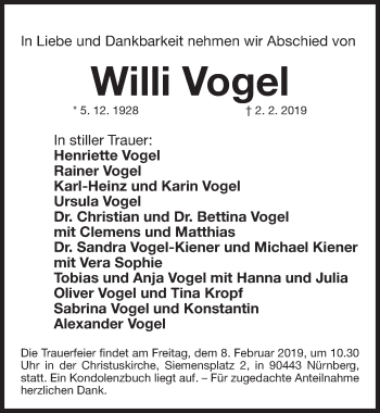 Traueranzeige von Willi Vogel von Gesamtausgabe Nürnberger Nachrichten/ Nürnberger Ztg.