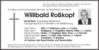 Traueranzeige von Willibald Roßkopf von Gesamtausgabe Nürnberger Nachrichten/ Nürnberger Ztg.