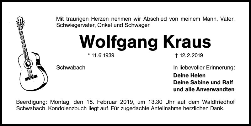  Traueranzeige für Wolfgang Kraus vom 16.02.2019 aus Schwabach
