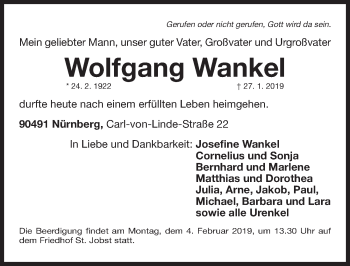 Traueranzeige von Wolfgang Wankel von Gesamtausgabe Nürnberger Nachrichten/ Nürnberger Ztg.