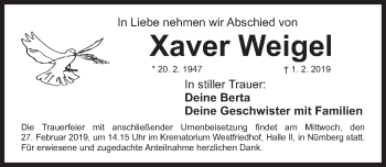 Traueranzeige von Xaver Weigel von Gesamtausgabe Nürnberger Nachrichten/ Nürnberger Ztg.