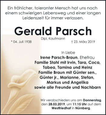 Traueranzeige von Gerald Parsch von Schwabacher Tagblatt